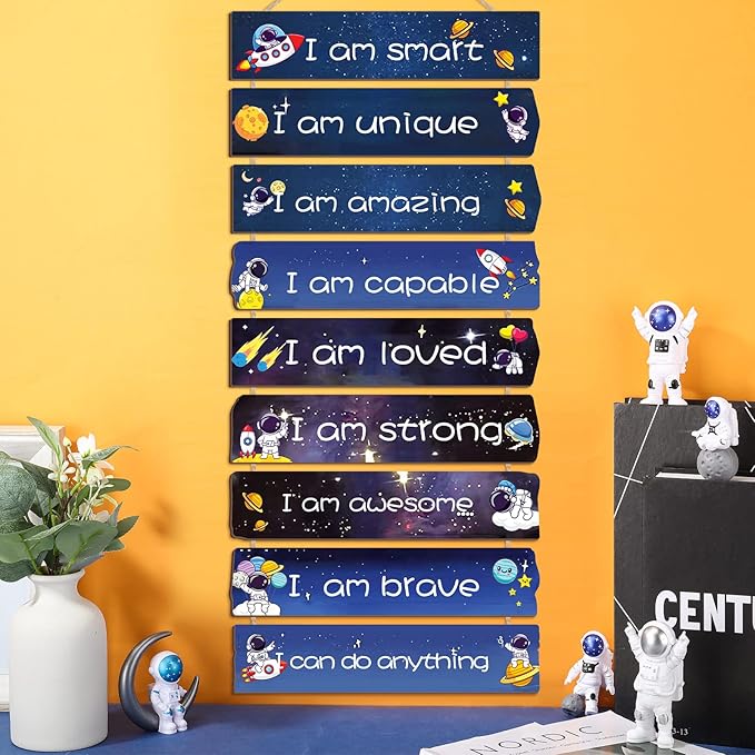 Chunful Set of 9 Boys Room Bedroom Decor Boys Inspirational Wall Decor Wood Hanging Plaque Motivational Kids Bedroom Wall Sign for Kids Teenage Toddler(Space)