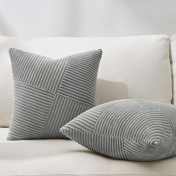 Topfinel 24x24 inches Euro Pillow Shams Set of 2 Grey Corduroy Decorative Throw Pillow Covers for Bedroom Living Room, Windmill Textured Striped Patchwork Couch Pillow Covers 60x60 cm