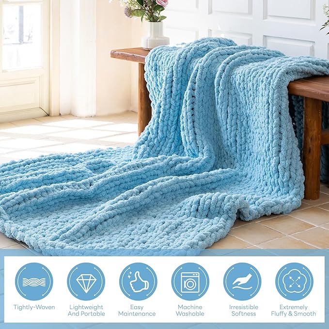 Chunky Knit Blanket - Luxury Soft Cozy 60 * 80 Throw Blanket,100% Woven Blanket Rope Knot Throw Blanket for Couch, Sofa, Home Decor, Gift - Machine Washable (Light Blue, 60 * 80)
