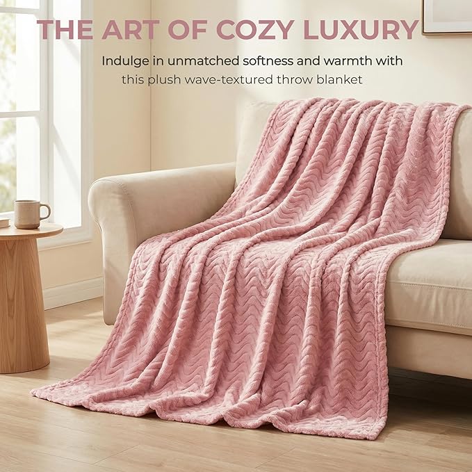 Exclusivo Mezcla Queen Blanket for Bed, Cozy Lightweight Fleece Blankets for All Season, Decorative Giftable Fuzzy Plush Wave Textured Suitable for Women, Men, Pink, 90x90 Inches