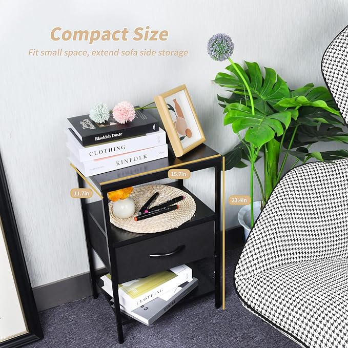 Black Nightstand with Fabric Drawer and Wood Shelf, Waterproof Surface Bedside Table, Eco-Friendly Small Side Table for Bedroom