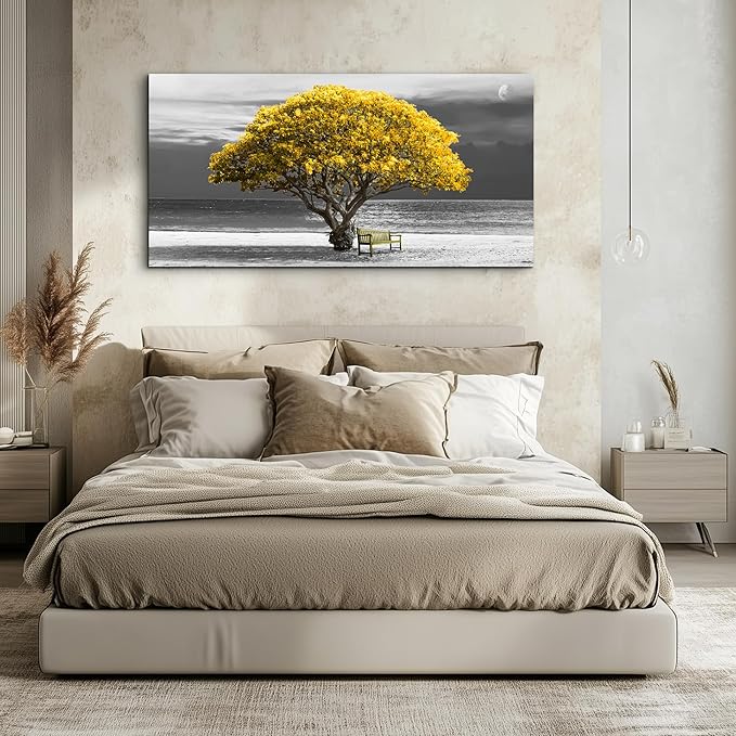 wall art for living room Decorations Photo Prints - panoramic black and white with yellow trees The moon scenery - Modern Home Decor The room Stretched and Framed Ready to Hang artwork 24X48inches
