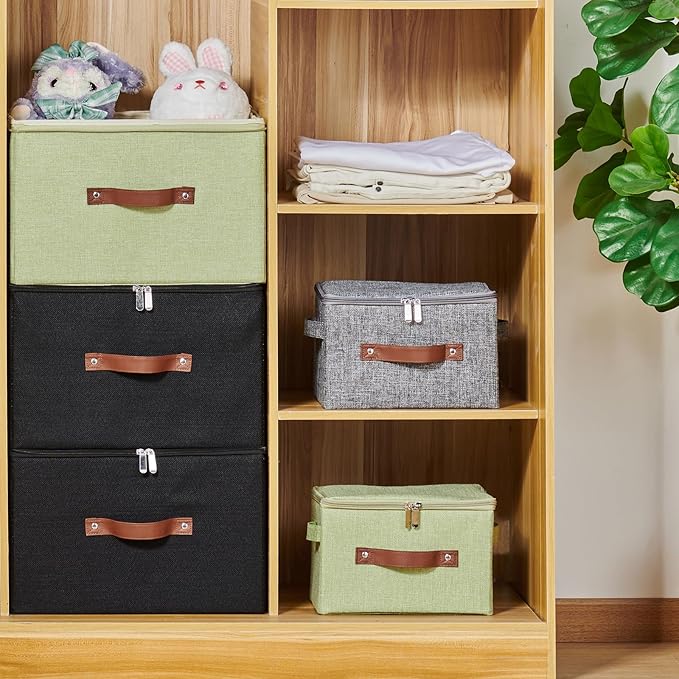2 Pack Storage Bins with Zipper Lid Cotton Linen Fabric Lidded Storage Baskets Boxes Foldable Washable Closet Shelf Clothes Organizer Container with PU Leather Handles (Gray, Large Size)