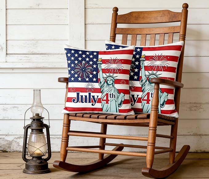 4th of July Patriotic Throw Pillow Covers, American Flag Statue of Liberty Fireworks Design, Set of 2，18x18 Pillows Linen Pillowcase