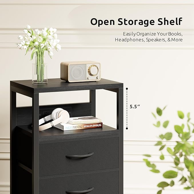 NightStand Bedside Charging Table Bedroom - Night Stand with Charger Station, Modern Nightstand with Open Shelf & 2 Fabric Drawers, Bed Side Table with USB-C Port for Dorm, Black
