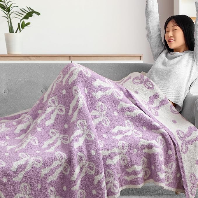 Buryeah Purple Bow Blanket Soft Microfiber Double Sided Bow Throw Blanket 50"x 60" Coquette Aesthetic Plush Bedding Stuff Sofa Chair Dormitory Room Decor for Women, Wedding Bridesmaid Gifts, Mother