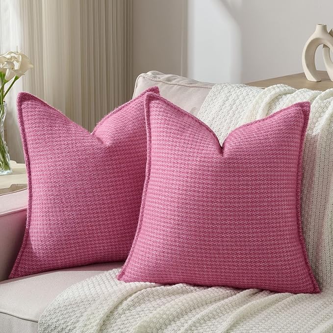 FUTEI Valentine's Day Hot Pink Decorative Throw Pillow Covers 18x18 Inch Set of 2,Soft Houndstooth Gingham Textured Cushion Case,Modern Home Decor for Couch Bed Living Room