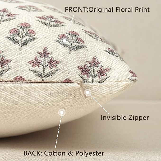 YCOLL Farmhouse Floral Print Throw Pillow Covers 18x18 Set of 2, Rustic Decorative Cushion Covers for Sofa Couch Bed Living Room, Vintage Floral Patterned Cottage Home Decor, Withered Rose