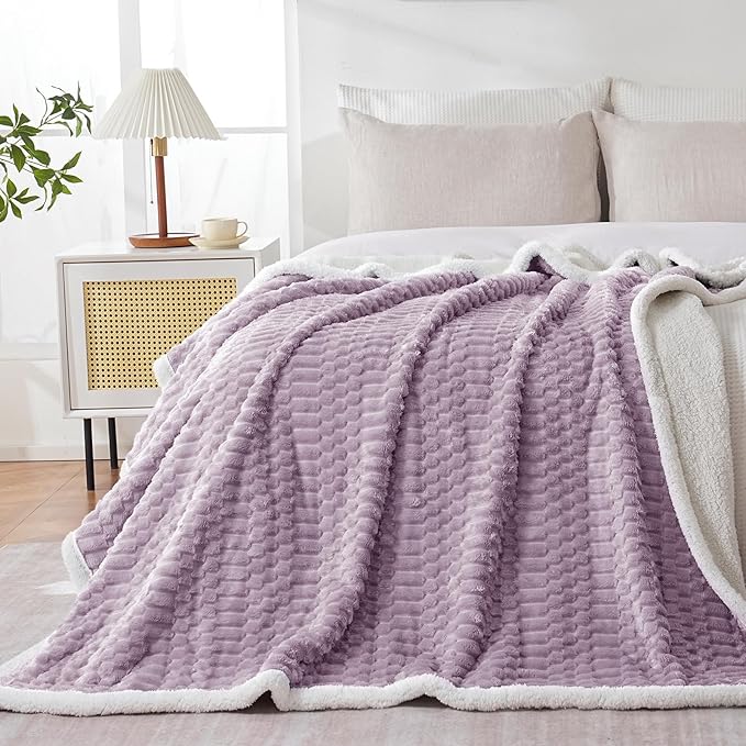 Sherpa Throw Blanket for Couch Flannel Cozy Soft Thick Blanket Warm Twin Blanket for Bed Fleece Home Decor Gifts, Z01 - Purple, 60"*80"