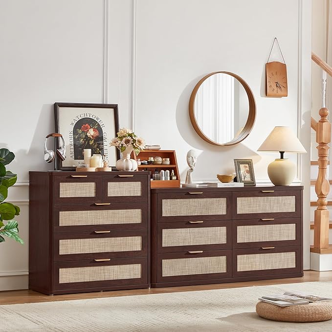 LEYAOYAO Rattan Dresser for Bedroom, 33.5" Tall Chest of Drawers, Modern 5 Drawers Boho Dressers with Storage, Vintage Brown Dresser Wooden Closet Organizer for Living Room, Hallway