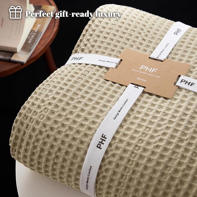 PHF Ultra Soft Waffle Weave Blanket Twin Size 66"x 90"- Washed Lightweight Breathable Cozy Woven Blanket for Bed - Aesthetic Decor for Couch Bedding Sofa Home Car - Khaki