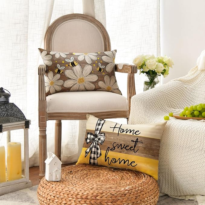 AVOIN colorlife Home Sweet Home Bee Daisy Throw Pillow Covers, 12 x 20 Inch Love Lives Here Spring Summer Stripes Polka Dots Cushion Case for Sofa Couch Set of 4