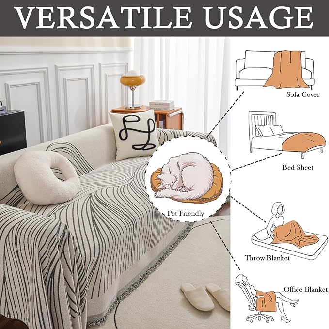 HANDONTIME Chenille Sofa Covers Simple Striped Dog Couch Cover Beige Grey Sofa Covers Mountain Geometric L Shaped Couch Cover Farmhouse Sectional Couch Covers Pet Furniture Protector, 71" x 118"