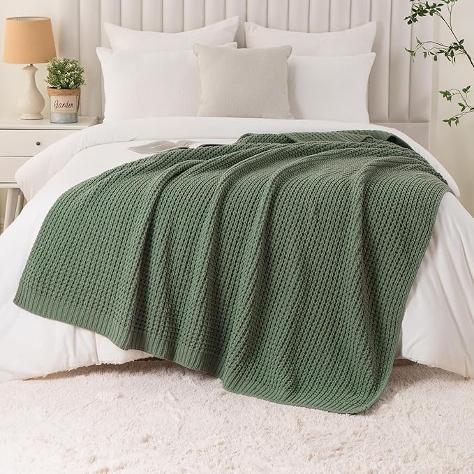 Bunnikins & Clover Knitted Waffle Throw Blanket 50x60 Inches, Sage Green Throw Blanket for Couch, Soft Cozy Chenille Knit Blanket Warm Decorative Throw for Sofa