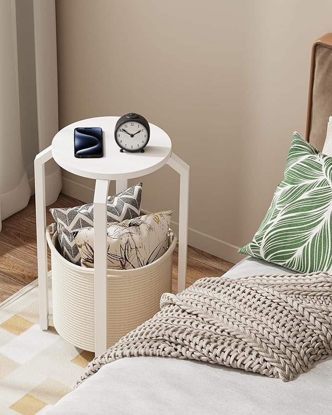 TUTOTAK Small Side Table, Round End Table, Night Stand, Bedside Table, Set of 2, Sofa Table with Storage Basket, Living Room, Bed Room, White TB01BW0922