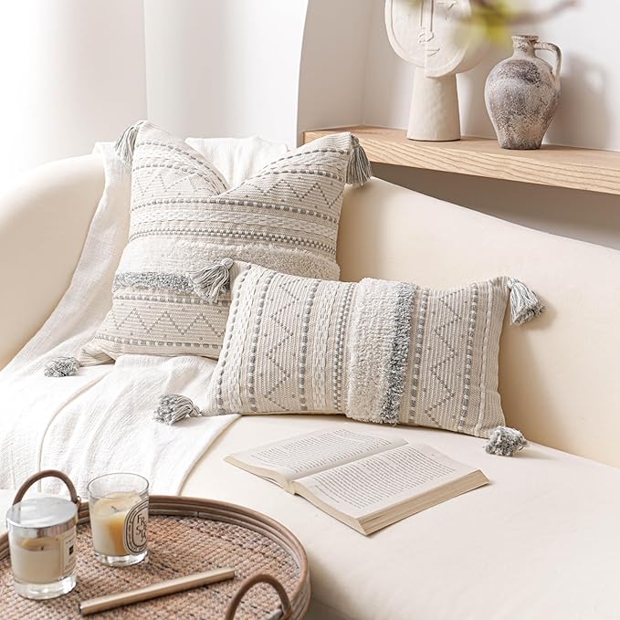 BlissBlush 18X18 Throw Pillow Cover, Cream Neutral Square Decorative Cushion Cover with Gray Pattern, Boho Accent Pillowcase with Tufted Details and Tassels for Couch Sofa Living Room (Cover Only)