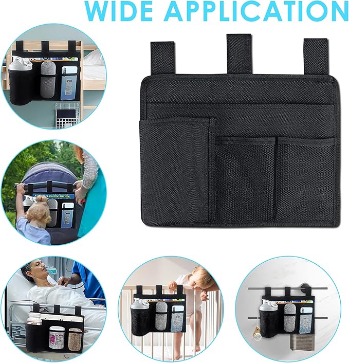 LUWOO Bedside Storage Caddy, 4 Pocket Hanging Organizer for Bunk, Hospital Beds, College Dorm, Bed Rails with Cup Holder, Bedside Caddy for Magazine, Phone, Remote Control (Black)