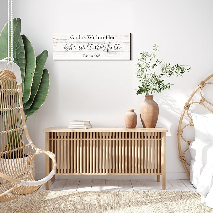Jetec Farmhouse Bible Verse Scripture Wall Signs, God Is with Her She Will Not Fall Wooden Plaque Decor for Church Home Christian Wall Art Decor(17 x 6 Inch, Psalm)