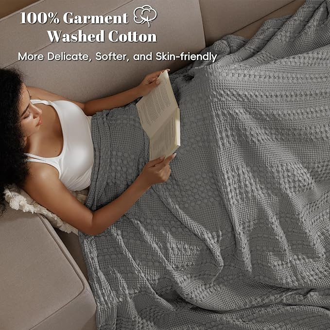 PHF 100% Cotton Waffle Weave Blanket King Size for Bed, Soft Lightweight & Breathable for Spring and Summer, All-Season Comfort, Luxury Aesthetic Blanket for Home Decor, 108"x90", Dark Grey