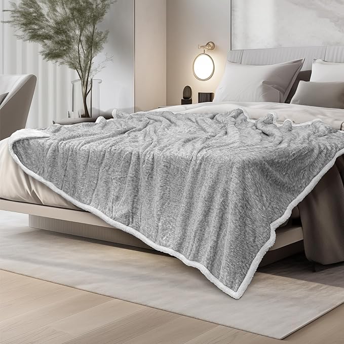 PAVILIA Melange Light Gray Twin Bed Sherpa Blanket Throw, Warm Soft Cozy Reversible Blanket Couch Sofa, Thick Plush Large Fleece Blanket, Decorative Home Room Decor Gifts Men Women, 60x80 Light Grey