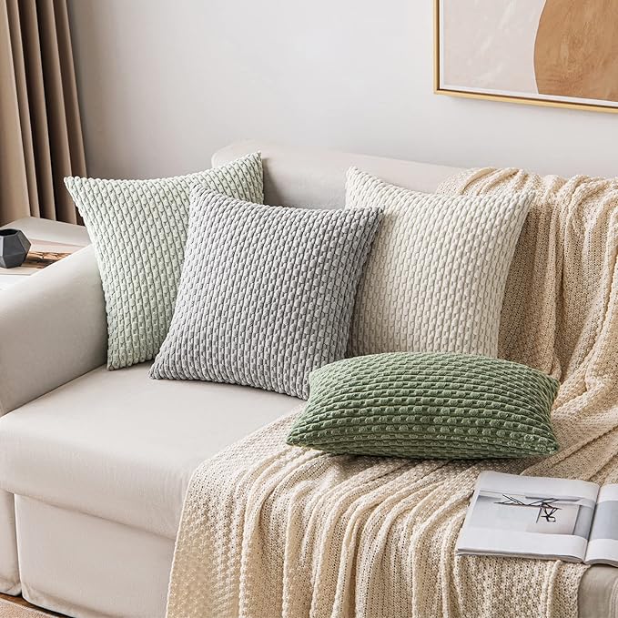 MIULEE Pack of 2 Decorative Throw Pillow Covers 20x20 Inch Soft Boho Striped Textured Corduroy Pillow Covers Modern Farmhouse Home Decor for Couch Bed Sofa Living Room Light Green