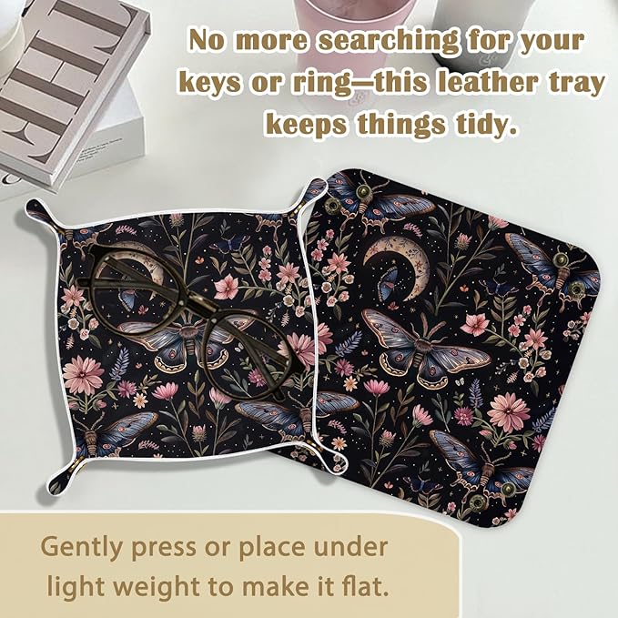 Butterfly Gifts Leather Jewelry Valet Tray,Gothic Moody Dark Cottagecore Butterfly Floral PU Leather Catchall Beside Caddy Nightstand Organizer Tray for Jewelry Rings Watches Keys,7.8x7.8inch