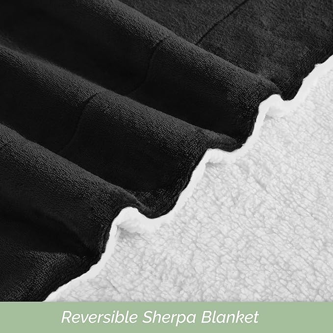 Elegant Comfort Ultra Soft Reversible Flannel Sherpa Blanket - Cozy Silky Fleece Throw for Couch, Bed - Plush Fuzzy Warm Winter Blanket for Gift, Queen, Black