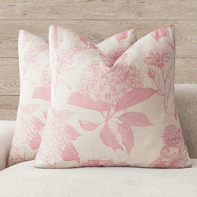 Foindtower Set of 2 Linen Floral Throw Pillow Covers Neutral Vintage Print Decorative Cozy Cushion Covers Farmhouse Boho Home Decor for Sofa Chair Couch Bedroom Living Room,20×20 Inch,Light Pink