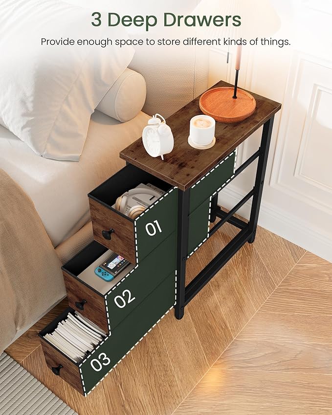 Narrow Side Table with 3 Fabric Drawers, Industrial Slim Bedside Table for Small Spaces, Bedroom, Living Room, Dormitory, Rustic Brown and Black TBZ09BF