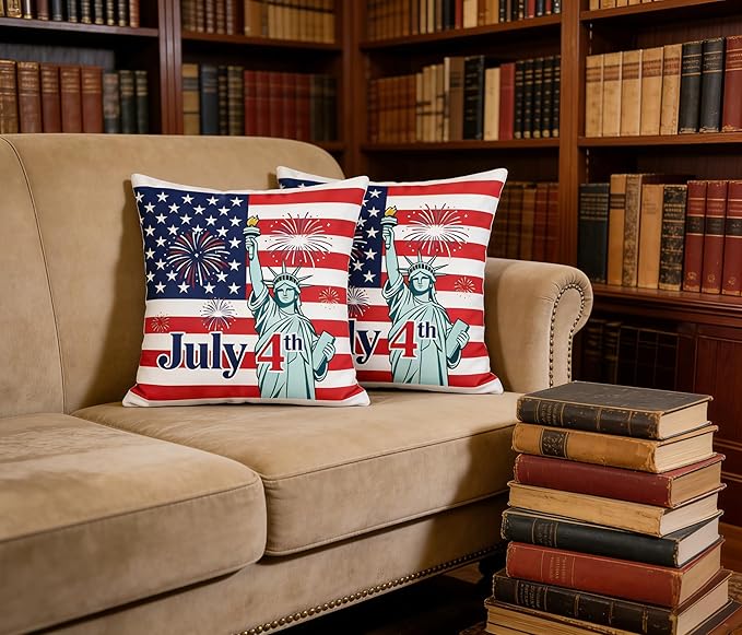 4th of July Patriotic Throw Pillow Covers, American Flag Statue of Liberty Fireworks Design, Set of 2，18x18 Pillows Linen Pillowcase