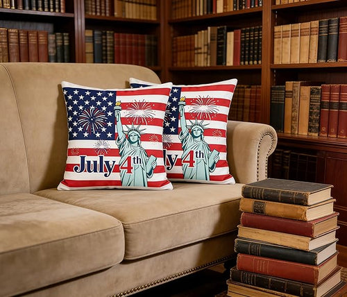 4th of July Patriotic Throw Pillow Covers, American Flag Statue of Liberty Fireworks Design, Set of 2，18x18 Pillows Linen Pillowcase