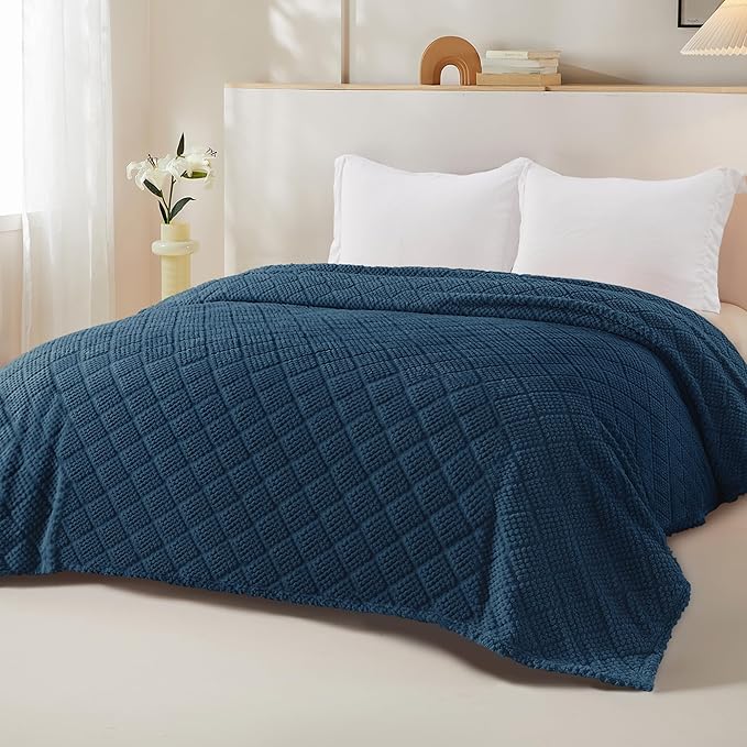 Whale Flotilla Fuzzy Fleece King Size Blanket for Bed, Soft Fluffy Jacquard Waffle Blankets for All Season, Lightweight and Warm, 90x104 Inch, Navy Blue