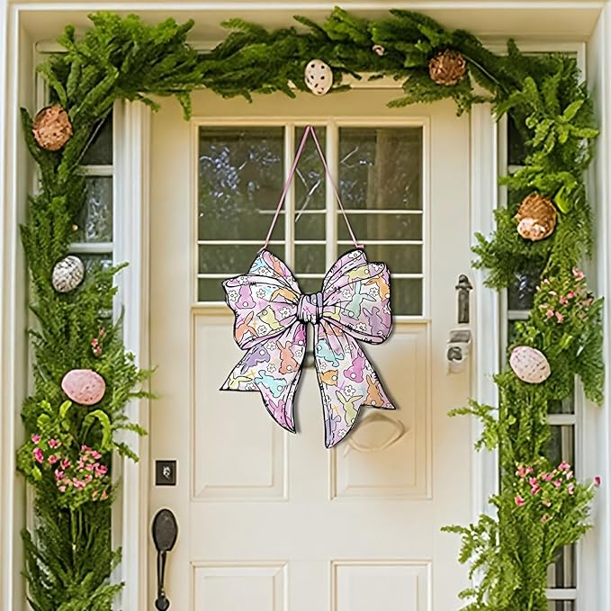 RattanView Cute Easter Bow Wooden Door Decor Colorful Bunny Hanger Sign Coquette Bow Wall Hanging Pastel Preppy Wall Art Bowknot Welcome Front Door Girly Decor for Room Indoor Outdoor Porch