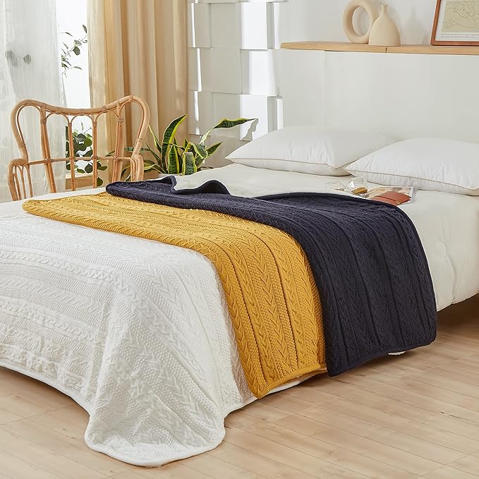Longhui bedding Acrylic Cable Knit Sherpa Throw Blanket - Thick, Soft, Big, Cozy Navy Knitted Fleece Blankets for Couch, Sofa, Bed - Large 50 x 63 Inches Navy Blue Coverlet All Season