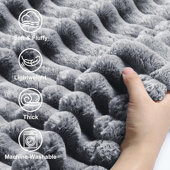 decorUhome Soft Fleece Grey Throw Blanket for Couch, Cozy Fluffy Plush Flannel Striped Blanket for Sofa Bed, Lightweight Decorative Ribbed Fuzzy Blanket for Woman, 50x60 Inches