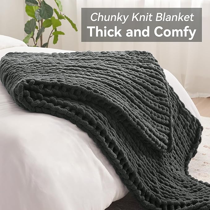 Chunky Knit Throw Blanket, 80''*90'' Knitted Throw Chenille Yarn for Bed Couch, Handmade Dark Grey Crochet Big Thick Blanket, Machine Washable Cute Comfy Blanket for Home Decor