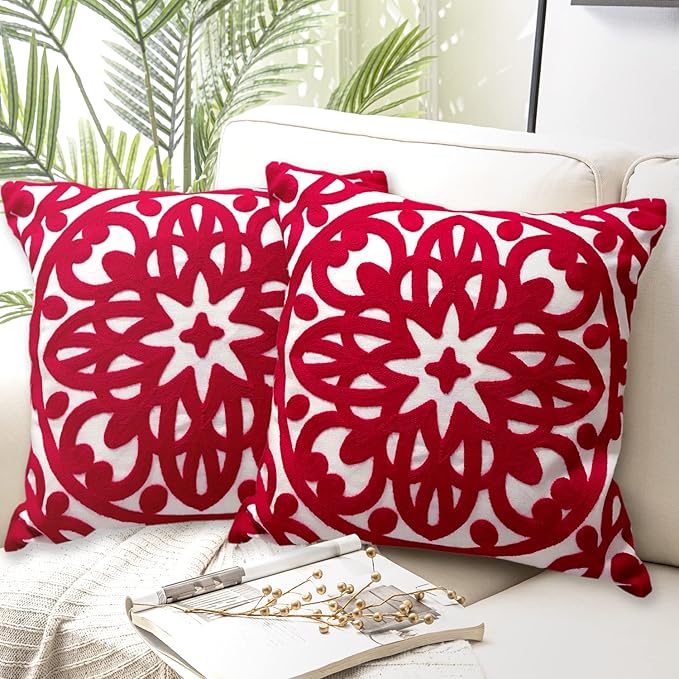 Alysheer Christmas Red Embroidered Decorative Throw Pillow Covers 18"x18" Set of 2, Cozy Warm Boho Mandala Knit Patterned Durable Cotton Canvas Cushion Cases for Sofa Couch Living Room Xmas Decor