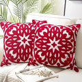 Alysheer Christmas Red Embroidered Decorative Throw Pillow Covers 18"x18" Set of 2, Cozy Warm Boho Mandala Knit Patterned Durable Cotton Canvas Cushion Cases for Sofa Couch Living Room Xmas Decor