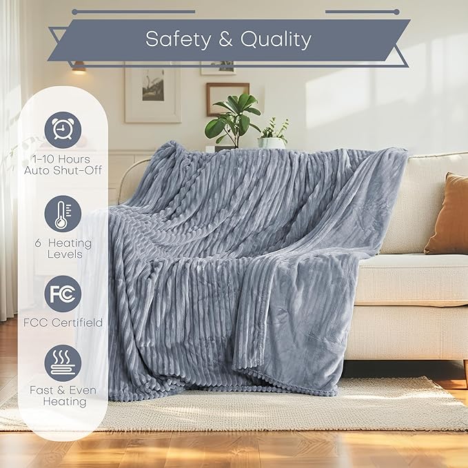 Electric Heated Blanket Full Size 72"x84" with Cozy Flannel, 6 Heat Settings & 10 Hours Auto Off, Soft & Cozy Warming Throw for Home, Office, or Bed, Machine Washable, Grey