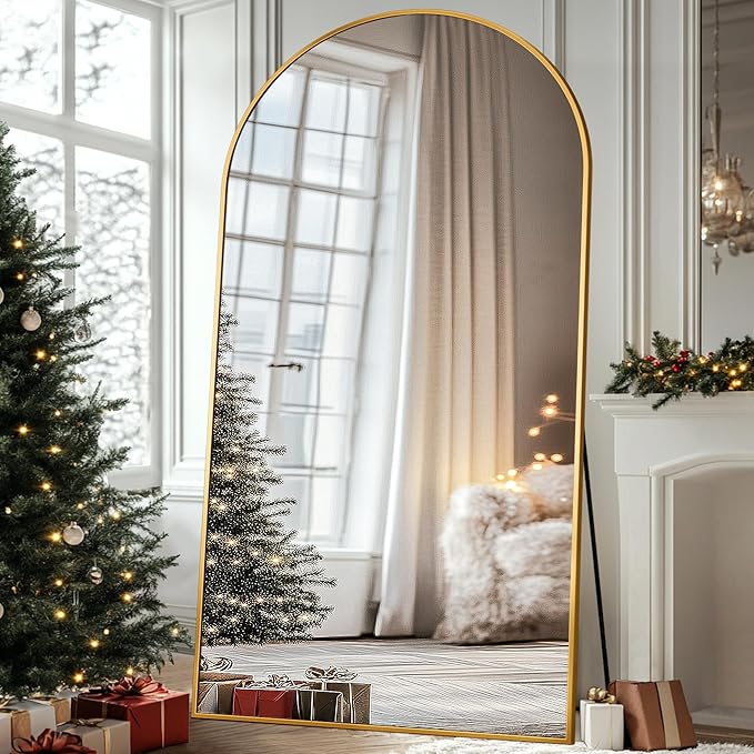 Antok Full Length Mirror, 44"x82" Floor Mirror with Stand, Hanging Mounted Mirrors for Bedroom, Living Room, Cloakroom, Dining Rooms, Gold, Arched