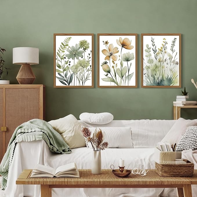 Sage Green Botanical Wall Art Boho Floral Wall Decor Minimalist Plant Canvas Pictures Flower Botanical Prints Watercolor Wildflower Poster Painting for Bathroom Bedroom 12x16x3 Inch Wood Frame