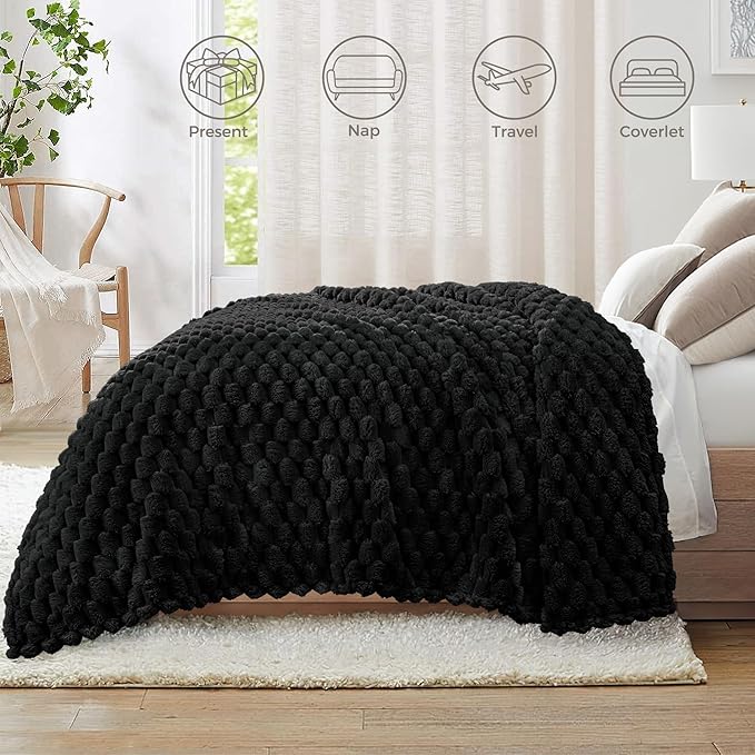 Whale Flotilla Twin Size Blanket for Bed with Jacquard Pattern, Fuzzy Soft Cozy Exquisite Blankets for All Season, Warm and Fluffy, 60x80 Inch, Black