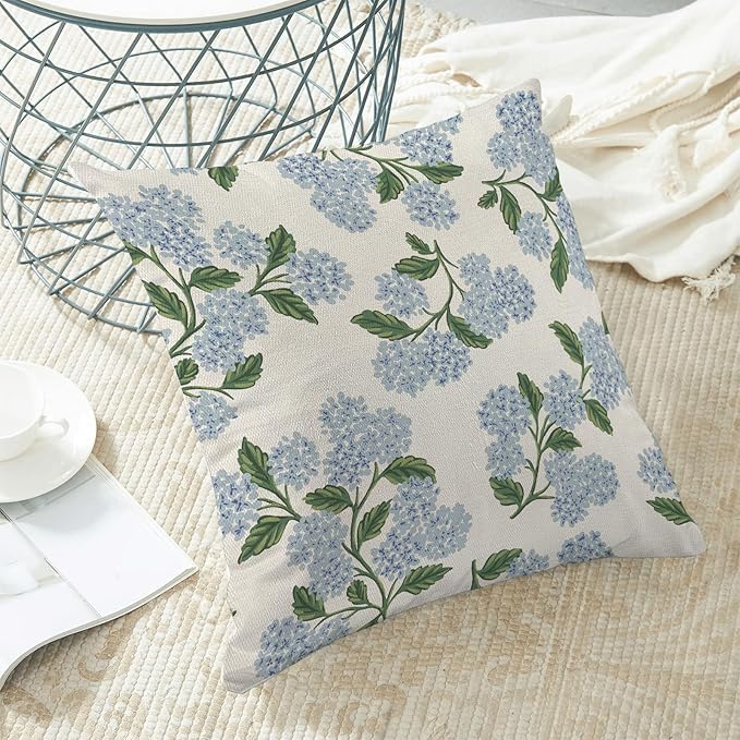 AEIOAE Spring Pillow Covers 22x22 Inch Set of 2, Green Blue Hydrangea Flower Throw Pillows Case,Floral Summer Outdoor Seasonal Decorative Farmhouse Decor Cushion Covers for Home Sofa Bed Couch
