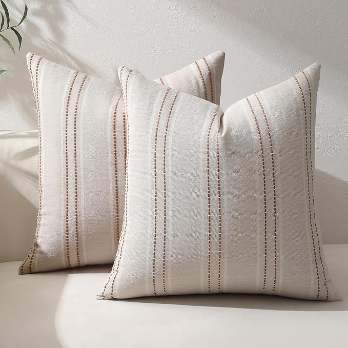 Hckot Rust Throw Pillow Covers 22x22 Set of 2 Striped Fall Pillow Covers Textured Linen Decorative Pillows Square Cushion Covers for Sofa Couch Bed Living Room Farmhouse Decor(Caramel)