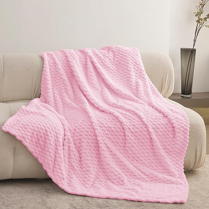Super Soft Fleece Twin Blanket 50x70 Inches for Couch, Premium Silky with 3D Imitation Turtle Shell Jacquard Decorative Blankets, Lightweight and Cozy for Sofa.Light Pink-1