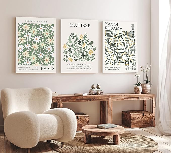 Induslyfe Large Framed Green Wall Art Canvas Decor Set of 3, Matisse Wall Art Framed Prints Posters Mid Century Modern Art, Aesthetic Floral Botanical wall art for bedroom, living room bathroom 18x24