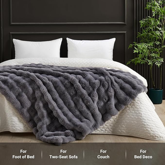 SAPHREAS Faux Fur Throw Blanket for Couch, Fluffy Fuzzy Bubble Blanket for Sofa Bed Living Room, Grey Decor Soft Cozy Gifts for Women Men, 60x80” Gray