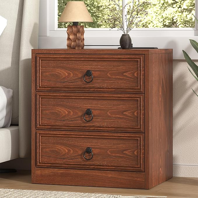 Farmhouse Nightstand with Charging Station, 21.7" Wide End Table with 3 Drawers, Cherry Wood Side Table, Bedside Table for Bedroom, Living Room, Sofa