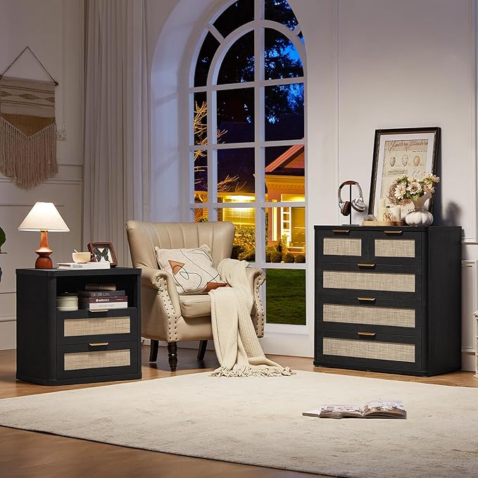 LEYAOYAO Rattan Dresser for Bedroom Set of 2, 33.5" Tall Chest of Drawers, Modern 5 Drawers Boho Dressers with Storage, Light Oak Dresser Wooden Closet Organizer for Living Room, Hallway, Black
