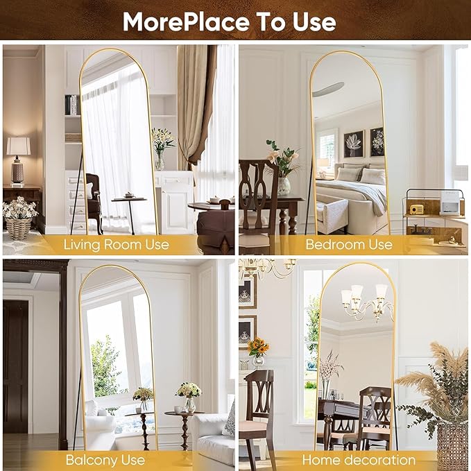 Antok Full Length Floor Mirror Arched Standing Mirror with Aluminum Frame - Freestanding Wall Mount Leaning Body Mirror for Bedroom Living Room Entryway, 58" L x 18" W, Gold